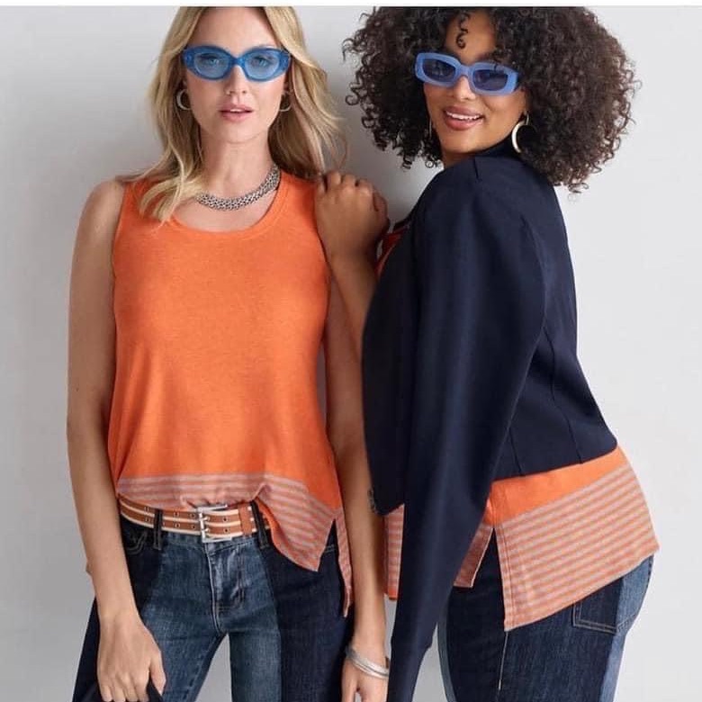Cabi Orange Tank Top With Striped Hem